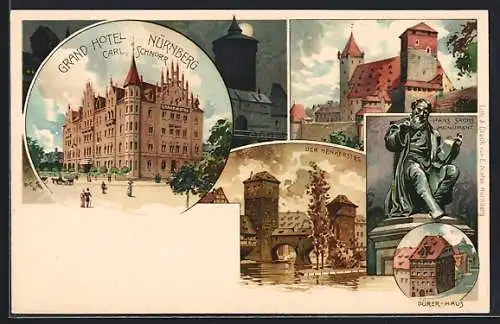 Lithographie Nürnberg, Grand Hotel Nürnberg, Inh. Rudolf Lotz, Der Henkersteg, Hans Sachs Monument, Dürer-Haus