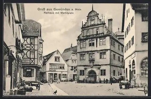 AK Gemünden a. Main, Rathaus Marktplatz mit Restauration und Geschäft