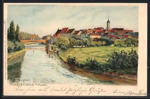 Künstler-AK Fritz Bergen: Munderkingen, Donaupartie m. Ort