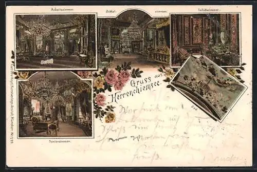 Lithographie Herrenchiemsee, Innenansichten, Arbeitszimmer, Schlafzimmer, Toilettezimmer