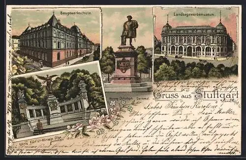 Lithographie Stuttgart, Baugewerkschule, Denkmal König Karls und Königin Olgas, Landesgewerbebrunnen