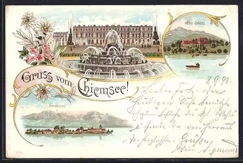 Lithographie Chiemsee, Schloss mit Brunnen, Altes Schloss, Fraueninsel