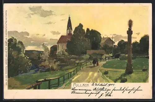 Künstler-AK Pullach, Weg zur Kirche mit Denkmal