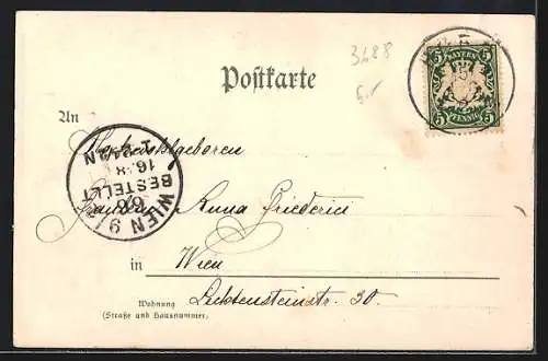 Lithographie Hof / Saale, Ortsansicht und Wappen