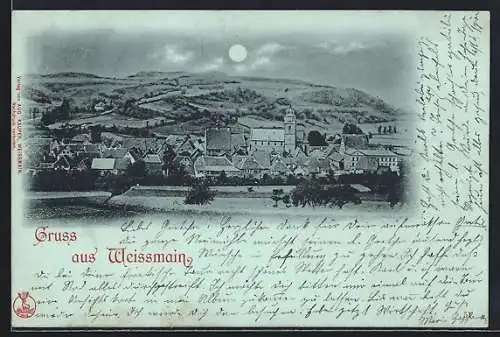 Mondschein-Lithographie Weissmain, Teilansicht mit Kirche