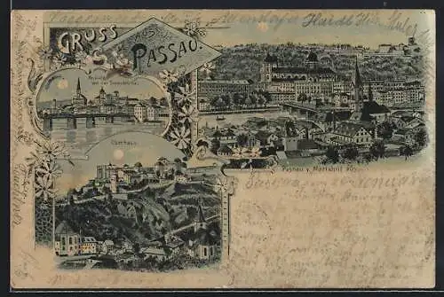 Mondschein-Lithographie Passau, Teilansicht von Mariahilf aus, Ansicht von der Donaubrücke, Oberhaus