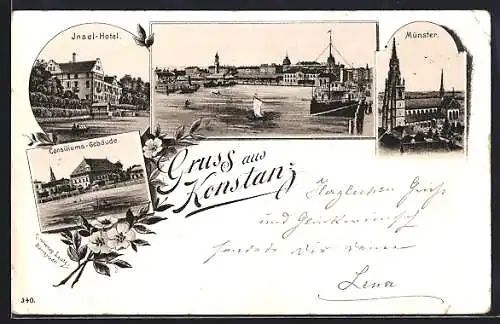 Lithographie Konstanz, Insel-Hotel, Münster, Consiliums-Gebäude, Panorama