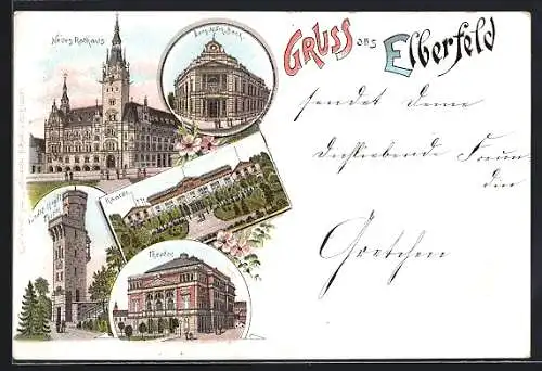 Lithographie Elberfeld, Bergisch Märkische Bank, Neues Rathaus, Theater