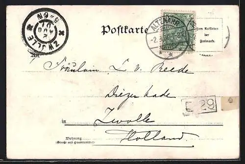 Lithographie Remagen, Blick zum Ort, Wappen