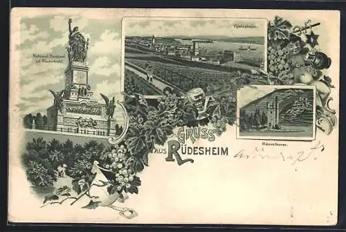 Lithographie Rüdesheim am Rhein, Nationaldenkmal Niederwald, Mäuselthurm, Ortspanorama