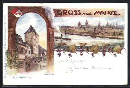 Künstler-AK Mainz, der Eiserne Turm, Ortsansicht