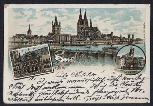 Lithographie Köln, Rathaus, Friedrich-Wilhelm-Denkmal und Gesamtansicht mit Schiffbrücke