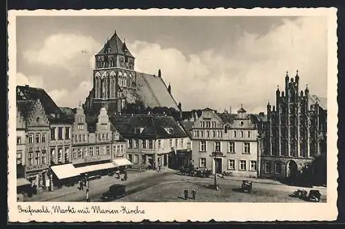 AK Greifswald, Markt mit Marien-Kirche