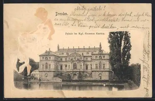Lithographie Dresden, Palais im Königlichen Grossen Garten, Frau im Kleid, Passepartout