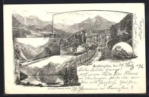 Lithographie Berchtesgaden, Königsee, Obersee, Hoher Söll