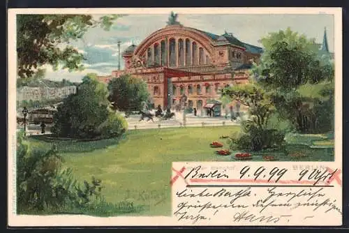 Lithographie Berlin-Kreuzberg, Anhalter Bahnhof mit Parkanlage