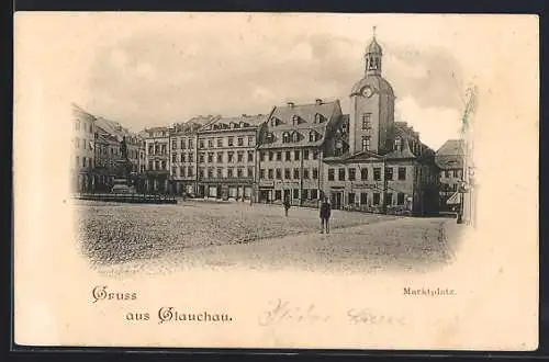 AK Glauchau, Marktplatz mit Rathaus und Denkmal