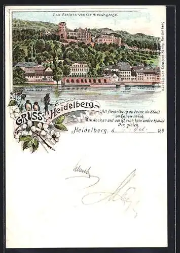 Lithographie Heidelberg, Schloss von der Hirschgasse