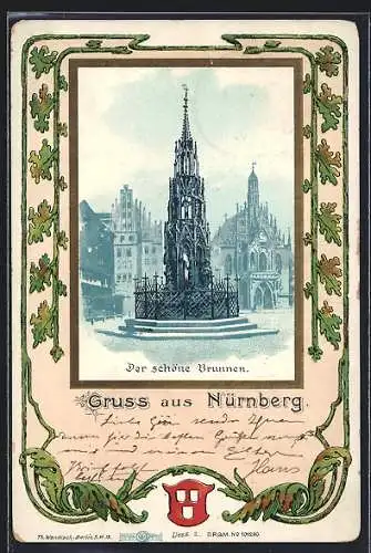 Lithographie Nürnberg, Der schöne Brunnen, Passepartout