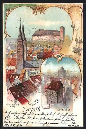 Lithographie Nürnberg, Teilansichten aus der Vogelschau