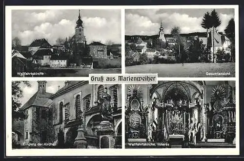 AK Marienweiher, Wallfahrtskirche, Eingang zur Kirche und Ortsansicht