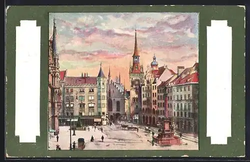 Künstler-AK München-Au, Marienplatz m. altem Rathaus