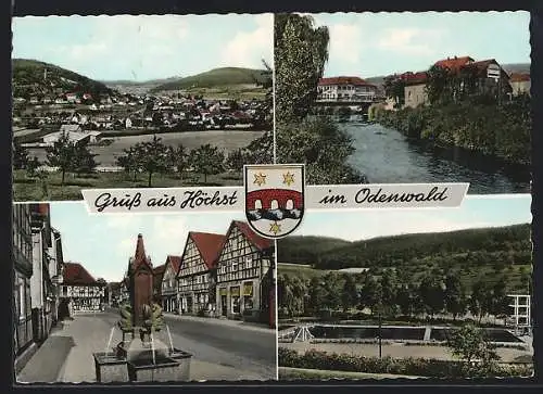 AK Höchst im Odenwald, Flusspartie, Brunnen an der Strasse, Freibad, Gesamtansicht