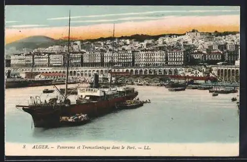 AK Alger, Panorama et Transatlantique dans le Port, Dampfer im Hafen liegend