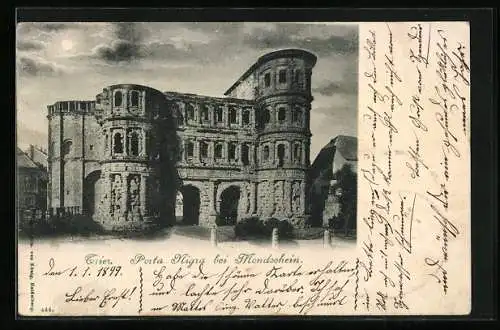 AK Trier, Porta Nigra bei Mondschein