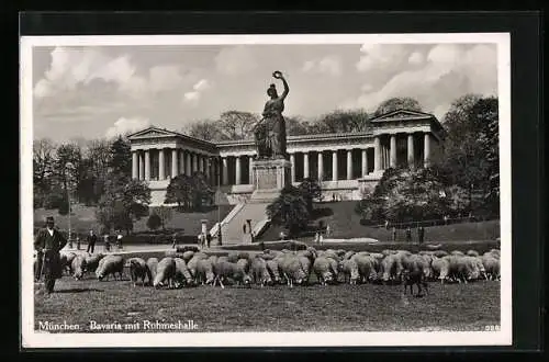 AK München, Schafherde vor Bavaria mit Ruhmeshalle