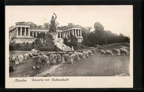 AK München, Schäfer mit seiner Herde vor Bavaria und Ruhmeshalle