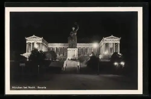 AK München, Ruhmeshalle und Bavaria bei Nacht