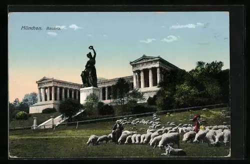 AK München, Bavaria mit Ruhmeshalle, deutsche Reichsflagge