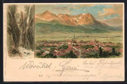 Künstler-AK Partenkirchen, Ortsansicht mit Zugspitze, Partnach-Klamm