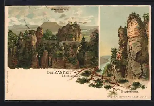 Lithographie Bastei, Blick auf Basteibrücke und Basteifelsen