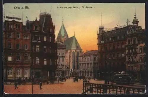 AK Köln a. Rh., Dom und St. Andreas, Strassenbahn