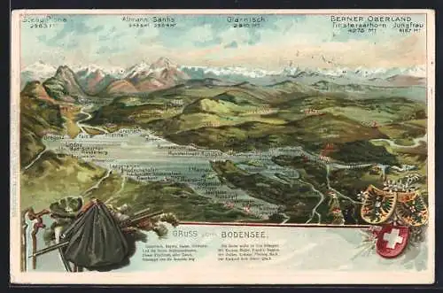 AK Lindau / Bodensee, Landkarte der Umgebung mit dem Bodensee und den Wappen