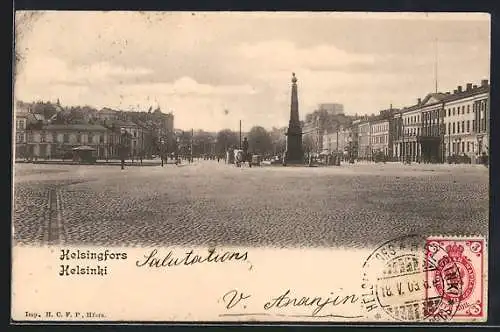 AK Helsinki, Marktplatz mit Denkmal