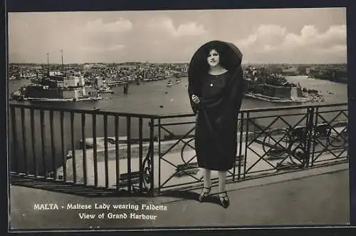 AK Malta, Maltese Lady wearing Faldetta, View of Grand Harbour