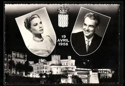 AK Portrait der Schauspielerin Grace Kelly und Rainier von Monaco, Blick auf das Fürstenschloss