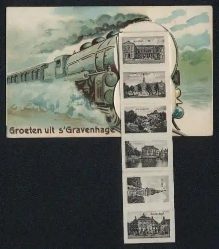 Leporello-AK s`Gravenhage, Ansichten in der Lokomotive, Vredespaleis, Kon. Paleis, Regentesseplein, Park Zorgvliet