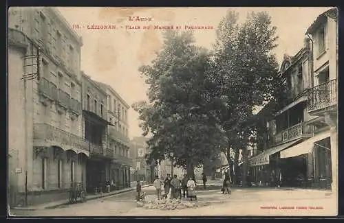 AK Lézignan, L`Aude, Place du Marché et Promenade