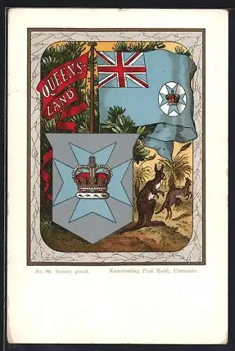 Lithographie Wappen und Flagge von Queensland