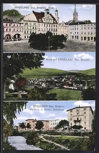 AK Friedland /Bez. Breslau, Ring, Gesamtansicht und Partie a. d. Steine mit Schulhaus