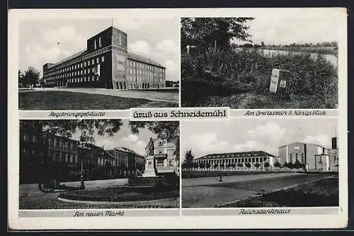 AK Schneidemühl, Regierungsgebäude, Am neuen Markt, Reichsdankhaus, Grenzstein