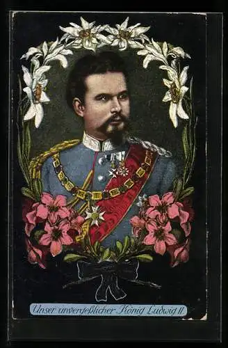 AK Ludwig II. Trauerkarte, Portrait gerahmt von Blumen