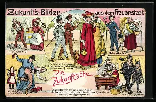 Lithographie Zukunft`s-Bilder aus dem Frauenstaat, Die Zukunfts-Ehe, Emanzipation