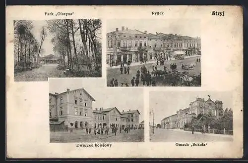 AK Stryj, Bahnhof, Park Olszyna, Rynek, Gmach Sokola, Dworzec kolejowy