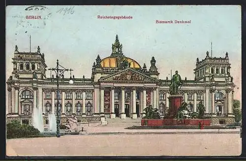 AK Berlin-Tiergarten, Reichstagsgebäude, Bismarck Denkmal