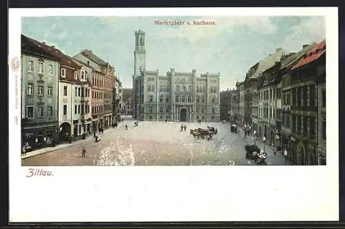 AK Zittau, Marktplatz mit Geschäften und Rathaus